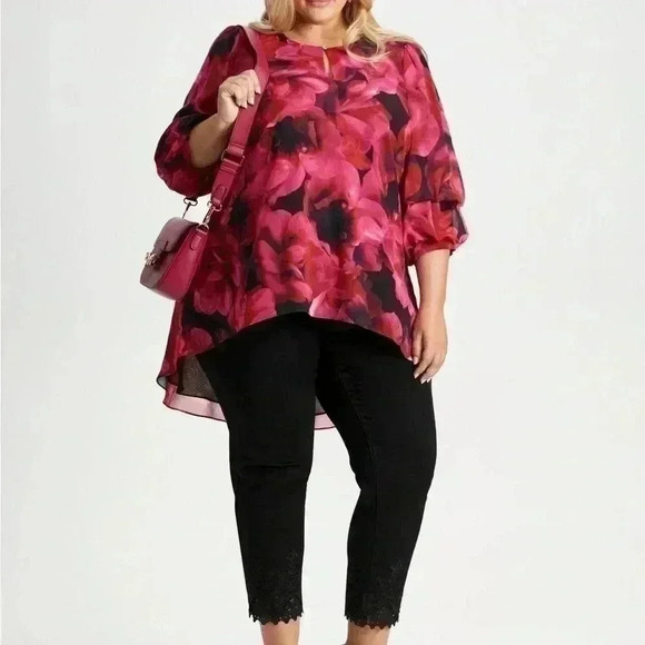 🧨Laura Plus Floral Flowy Fall Pink Red  blouse NWT - Picture 4 of 7